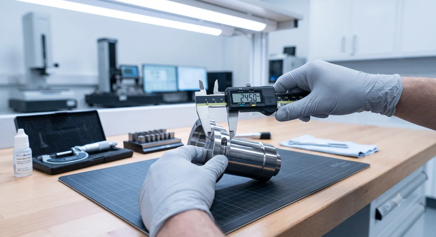 Close-up of hands using a digital caliper to measure a precision-machined part